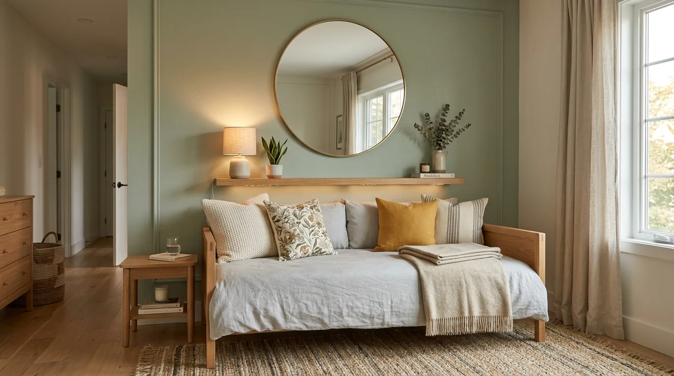 Pair the daybed with a work zone for 12 Smart Daybed Room Ideas for Small Spaces and Guests