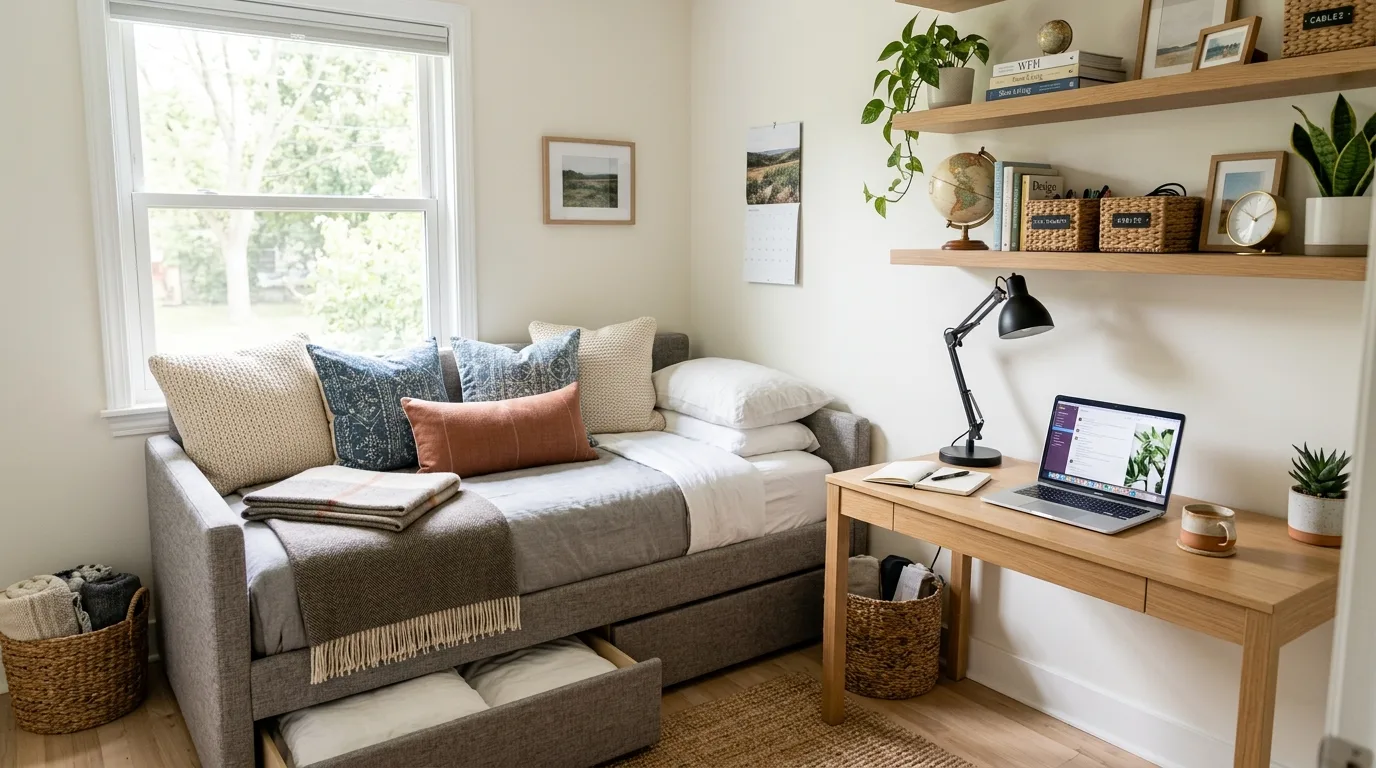 Use the window area for a softer mood for 12 Smart Daybed Room Ideas for Small Spaces and Guests