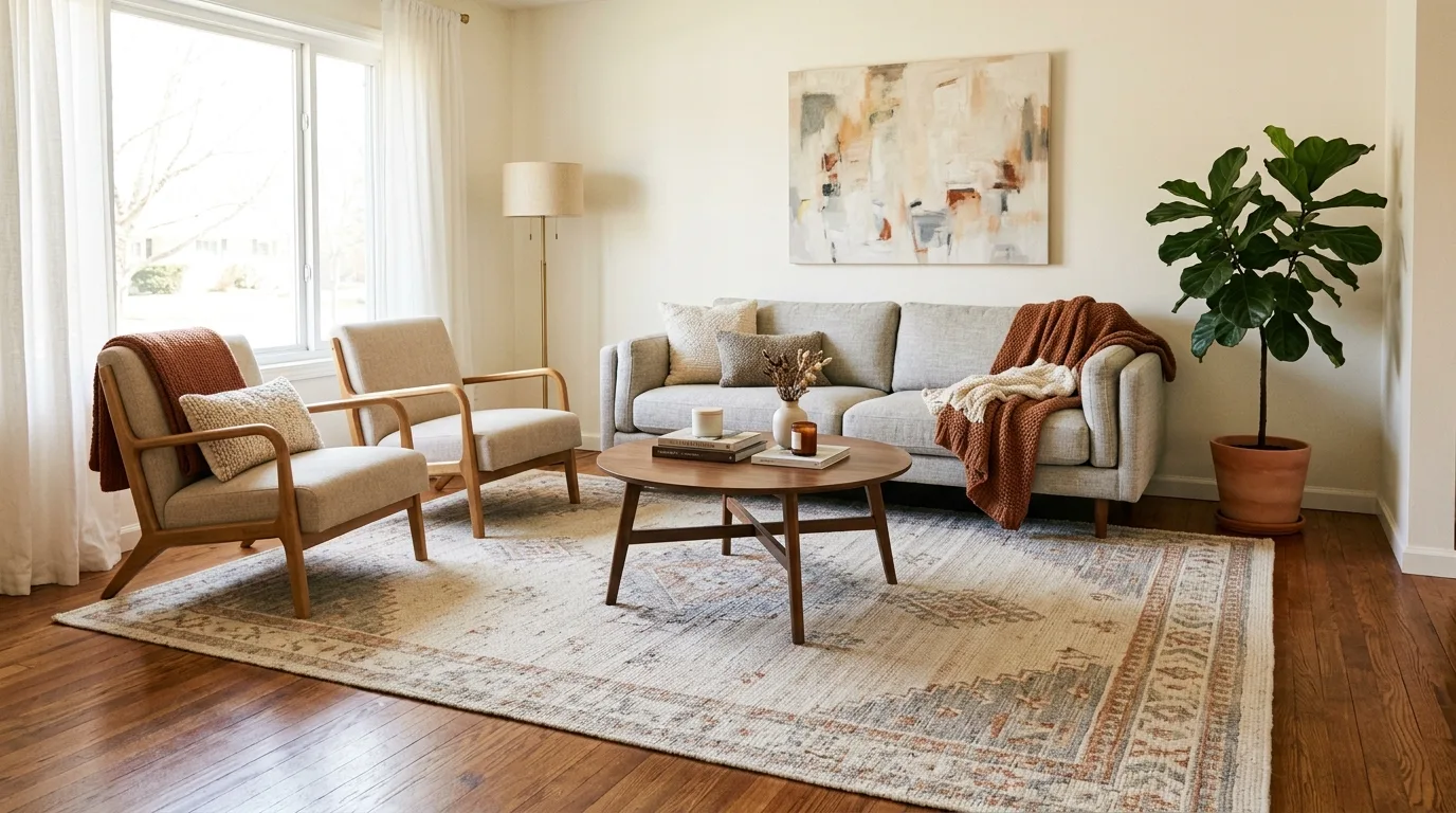 Anchor the room with the right rug for 12 Essential Tips on How to Decorate a Living Room from Scratch