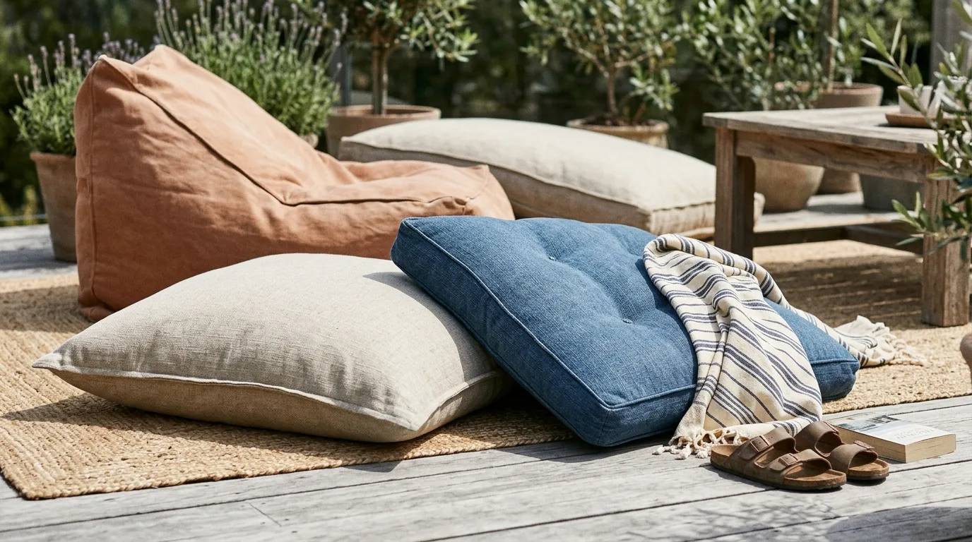 Scatter bean bags or floor cushions for 13 Simple DIY Backyard Relaxation Ideas for a Staycation Vibe