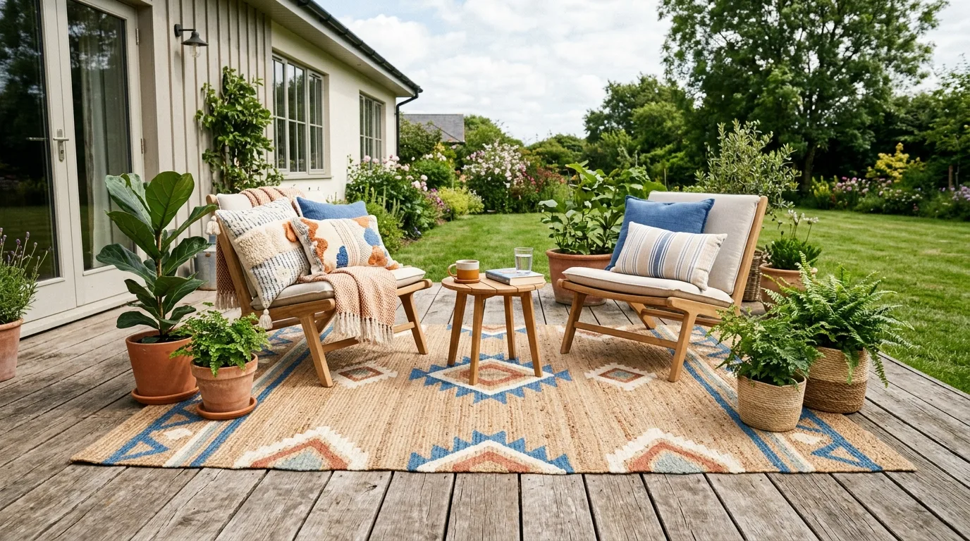 Use an outdoor rug to define the zone for 13 Simple DIY Backyard Relaxation Ideas for a Staycation Vibe