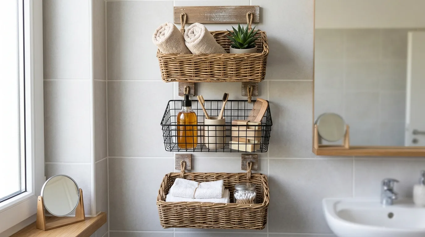 Use wall baskets for extra storage for 11 Easy DIY Bathroom Ideas for a Weekend Makeover