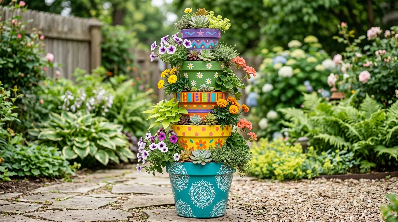 Stack pots for a sculptural planter for 13 Adorable DIY Clay Flower Pot Crafts for Garden Lovers