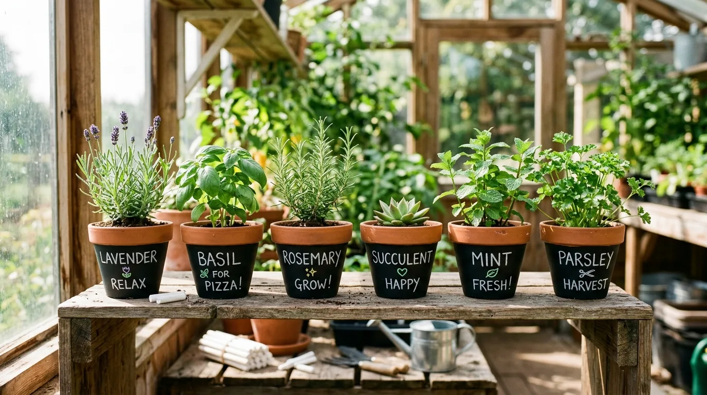 Use chalkboard paint for labels for 13 Adorable DIY Clay Flower Pot Crafts for Garden Lovers