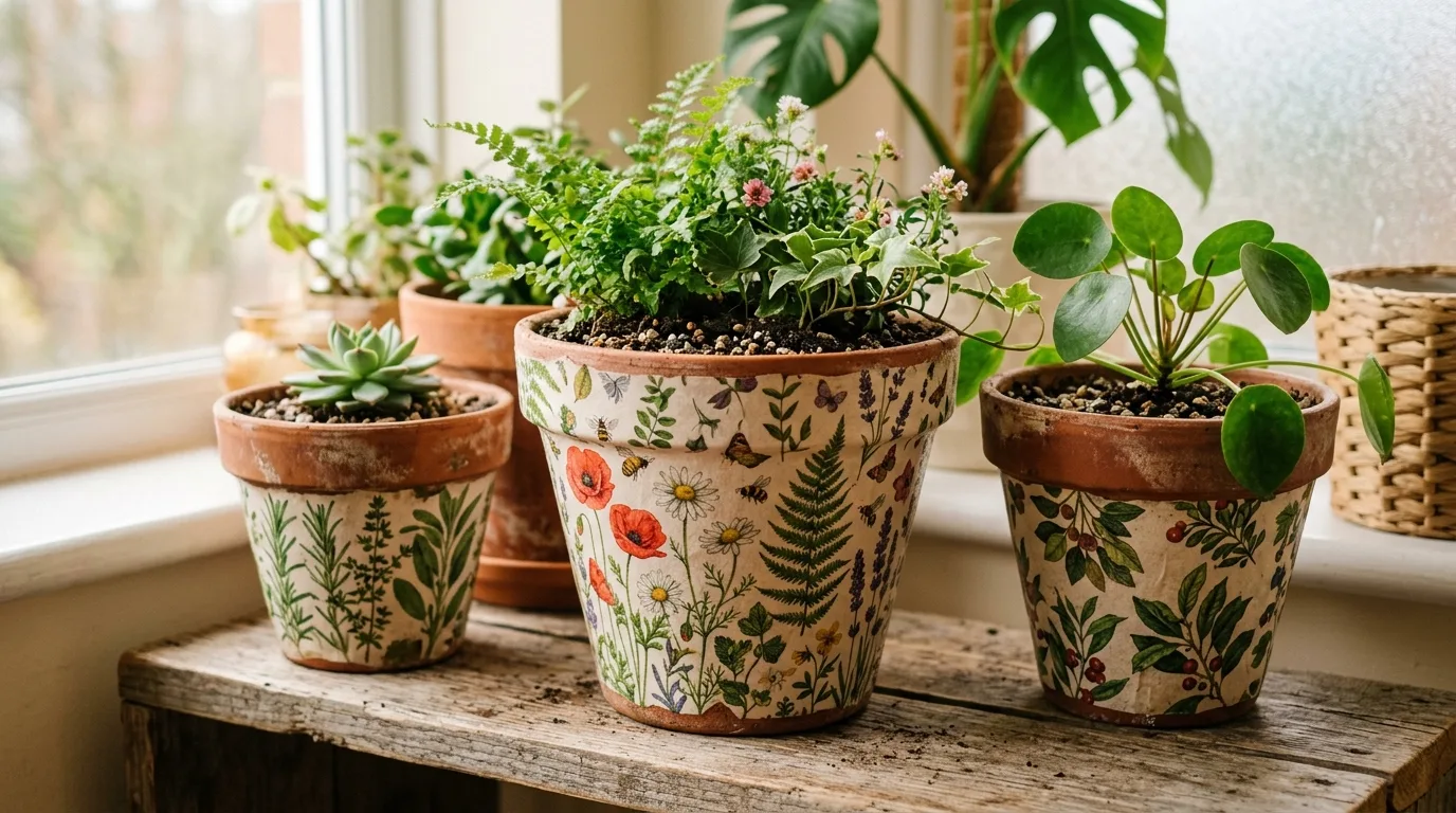 Try botanical decoupage for extra detail for 13 Adorable DIY Clay Flower Pot Crafts for Garden Lovers