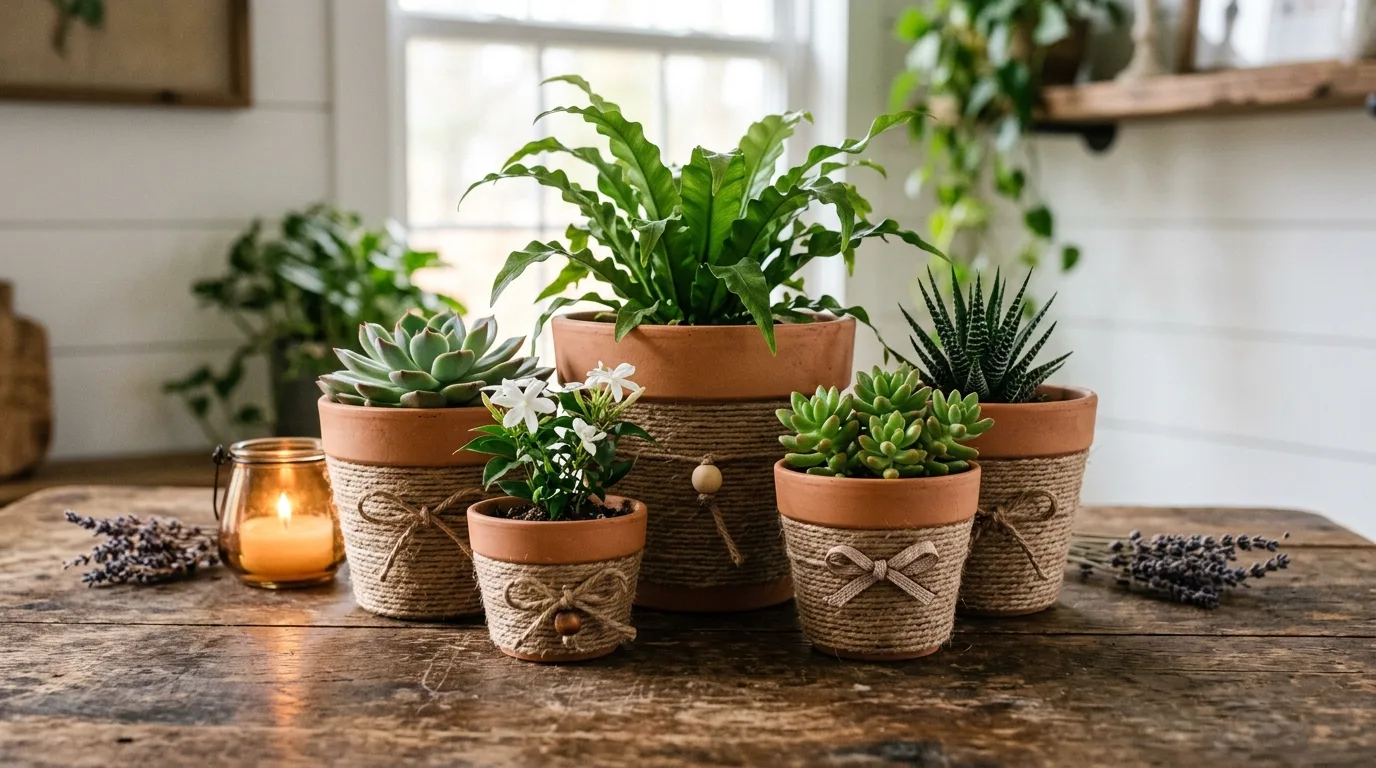 Wrap pots in twine for rustic texture for 13 Adorable DIY Clay Flower Pot Crafts for Garden Lovers