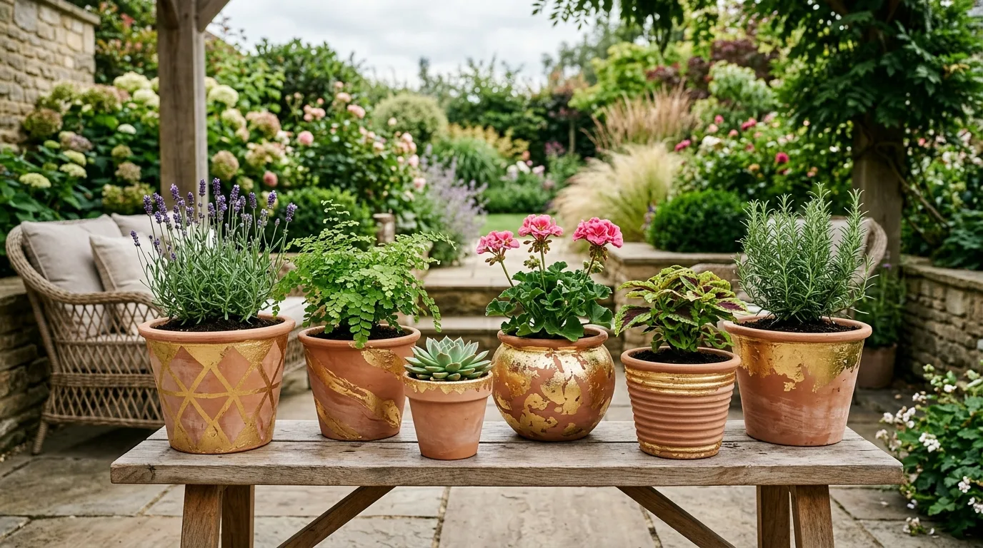 Add a little gold leaf for elegance for 13 Adorable DIY Clay Flower Pot Crafts for Garden Lovers