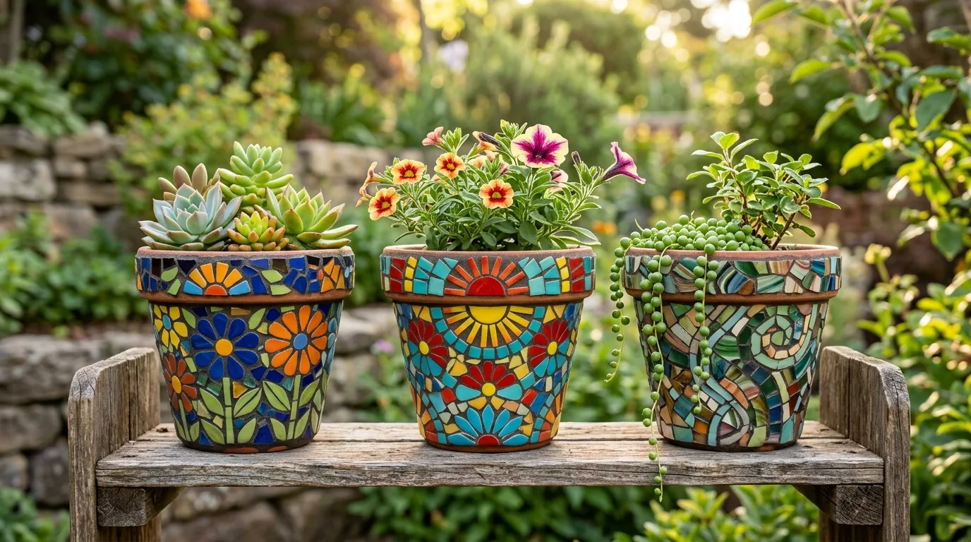 Try mosaic details for extra color for 13 Adorable DIY Clay Flower Pot Crafts for Garden Lovers