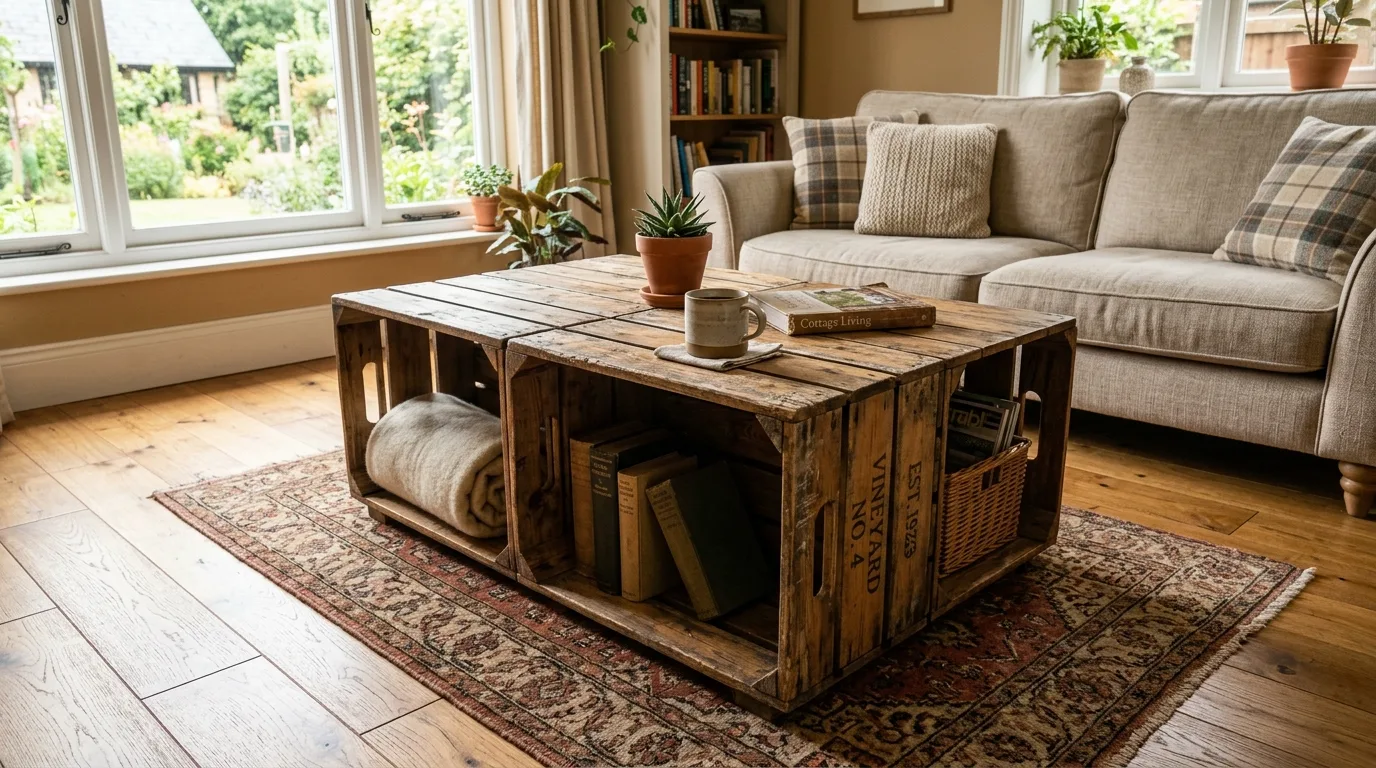 Stack crates for built-in storage for 14 Unique DIY Coffee Tables to Build on a Weekend