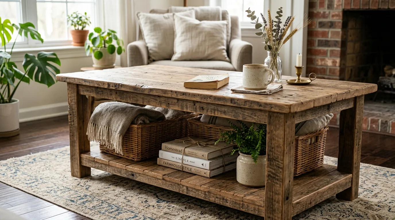 Lean farmhouse with a lower shelf for 14 Unique DIY Coffee Tables to Build on a Weekend