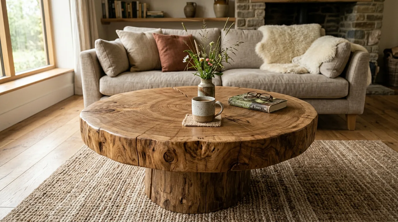 Use a round wood slab for rustic ease for 14 Unique DIY Coffee Tables to Build on a Weekend