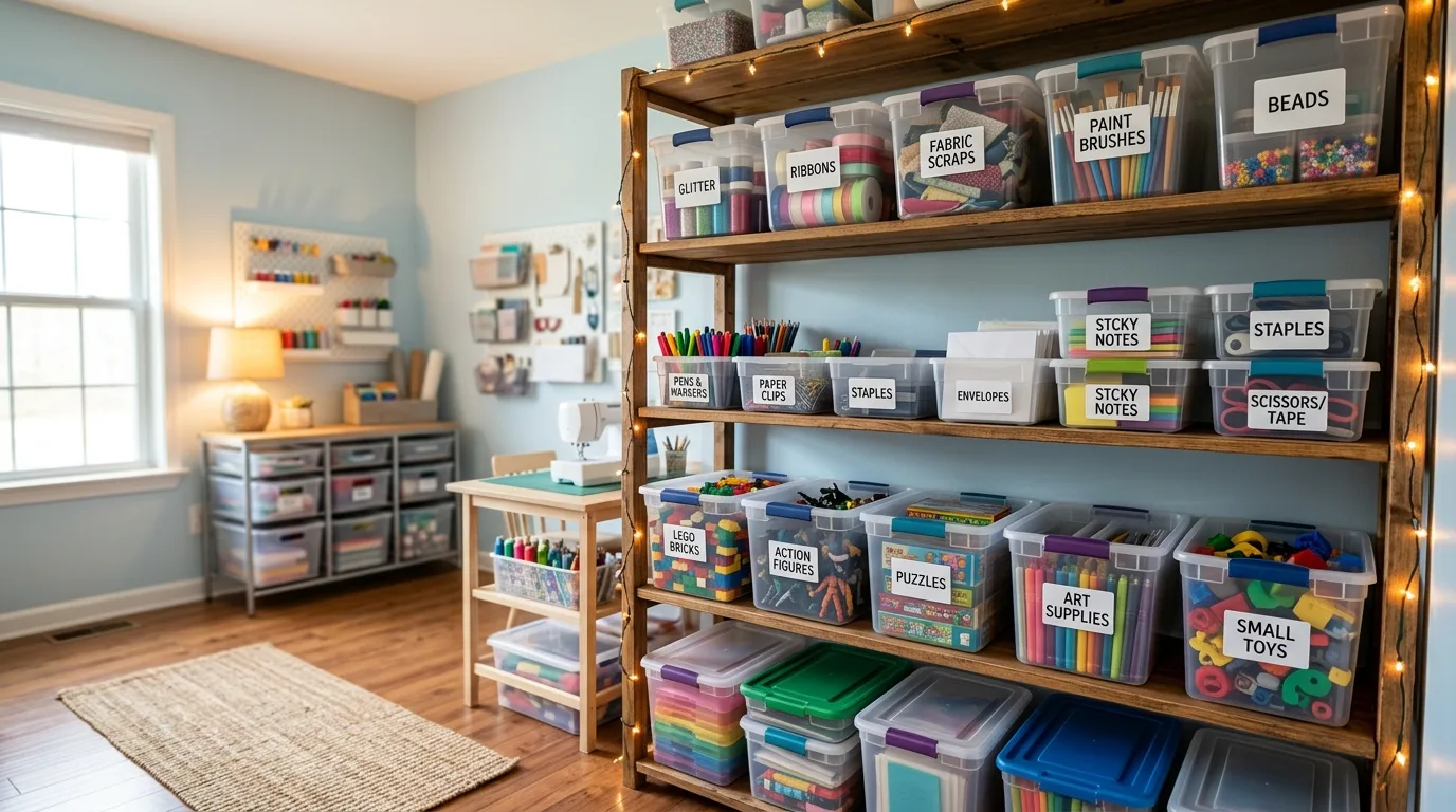 Use labeled bins for toys or office supplies for 11 Amazing DIY Dollar Tree Storage Solutions for Every Room