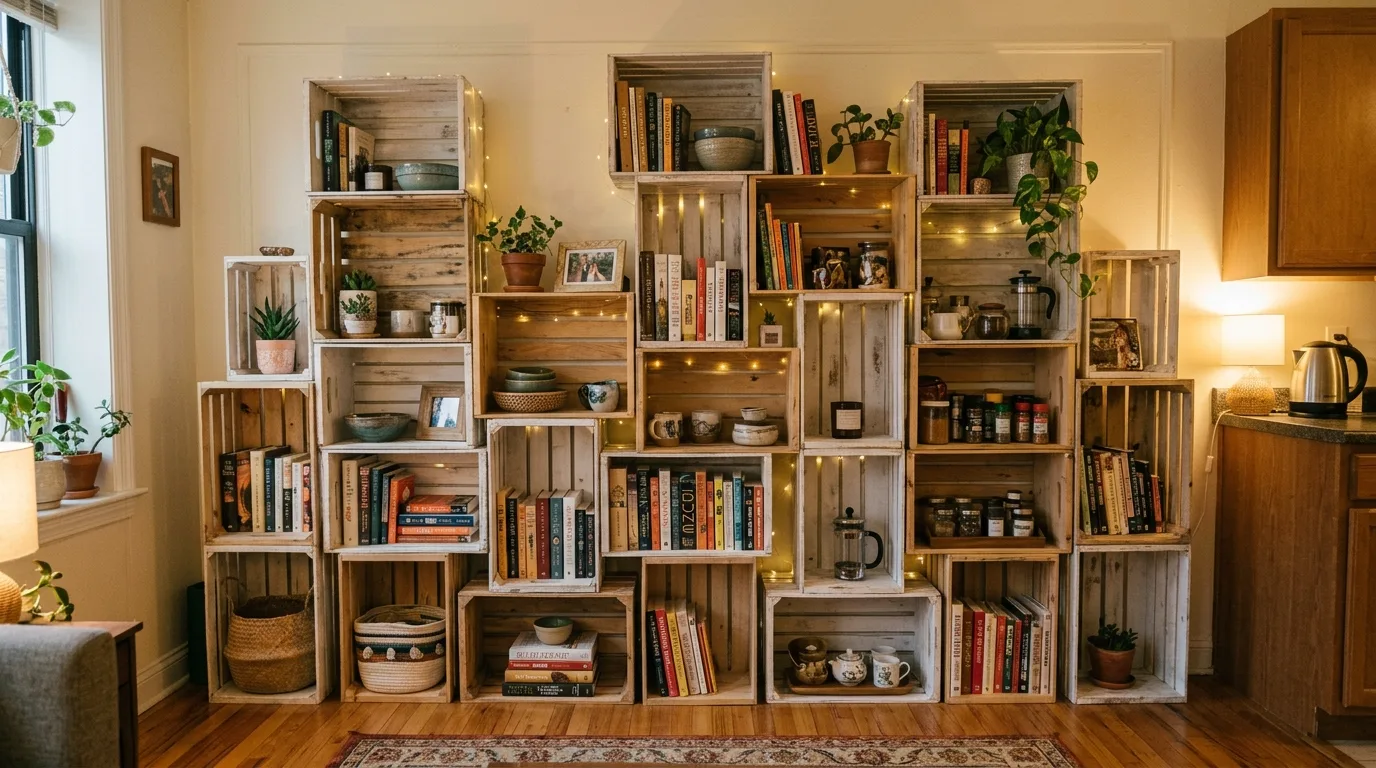 Stack crates into open shelving for 11 Amazing DIY Dollar Tree Storage Solutions for Every Room