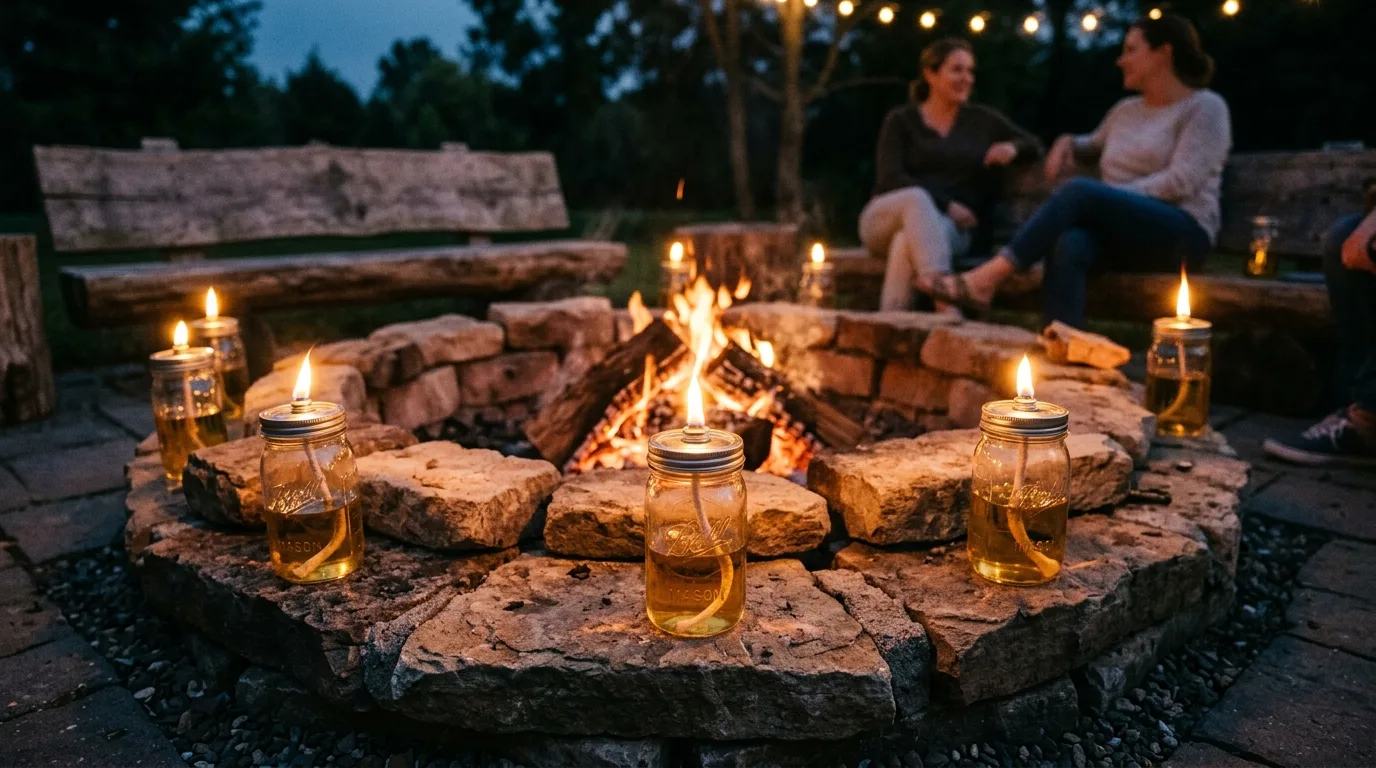 Layer in extra light with torches or jars for 14 Creative DIY Fire Pit Ideas for Backyard S'mores Nights