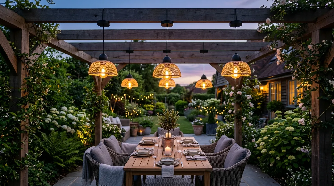 Hang pendant lighting under a pergola for 13 Bright DIY Garden Lighting Ideas to Glow Up Your Yard