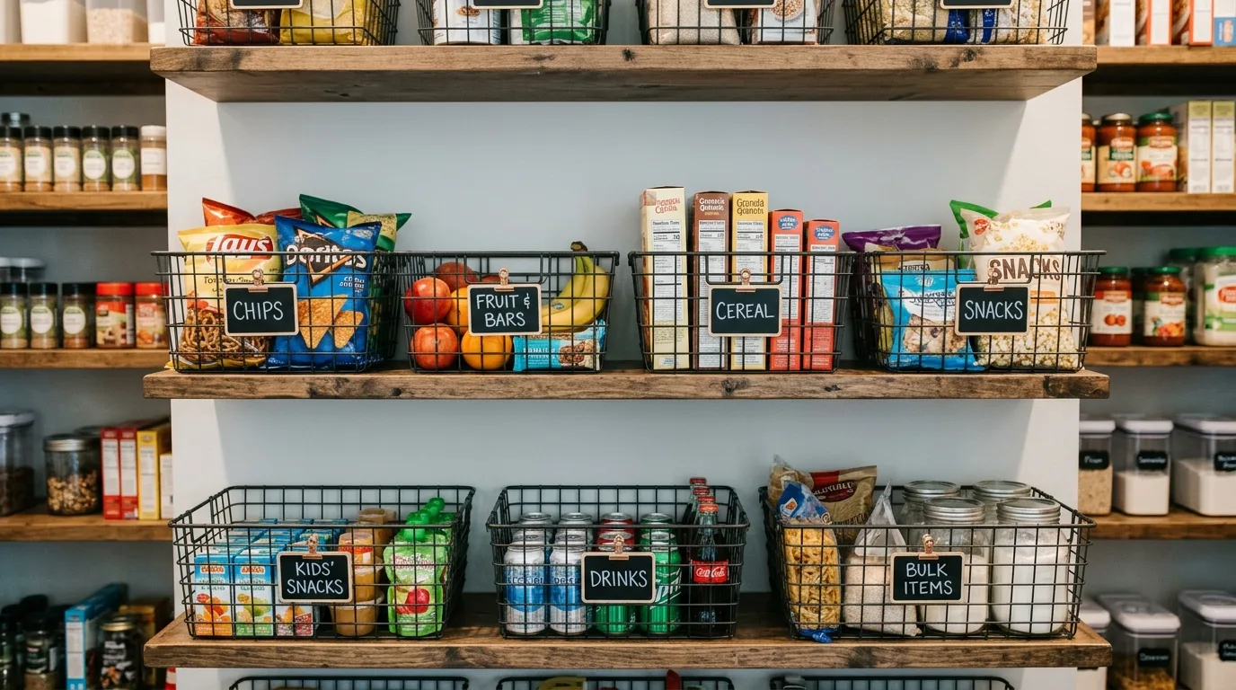 Use wire baskets for quick-grab items for 11 Clever DIY Pantry Cabinet Ideas to Organize Your Kitchen