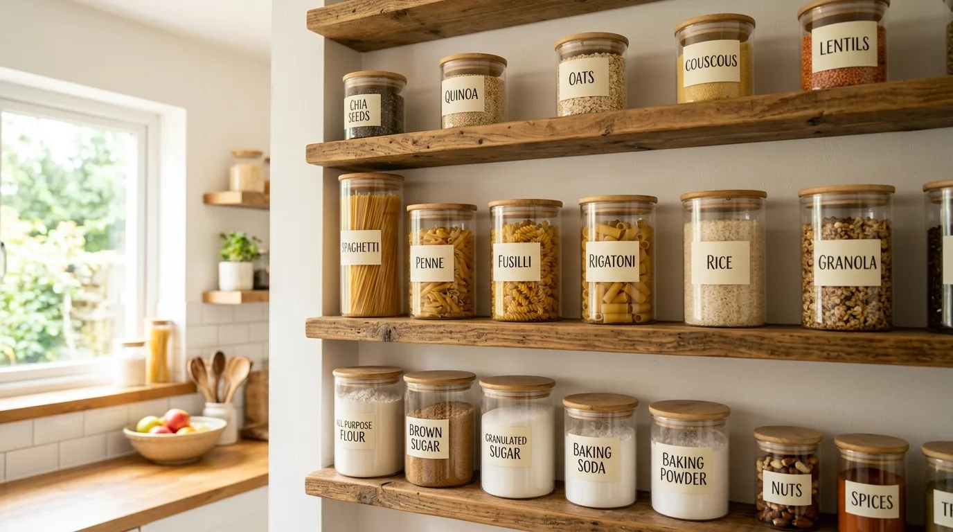 Decant dry goods into labeled jars for 11 Clever DIY Pantry Cabinet Ideas to Organize Your Kitchen