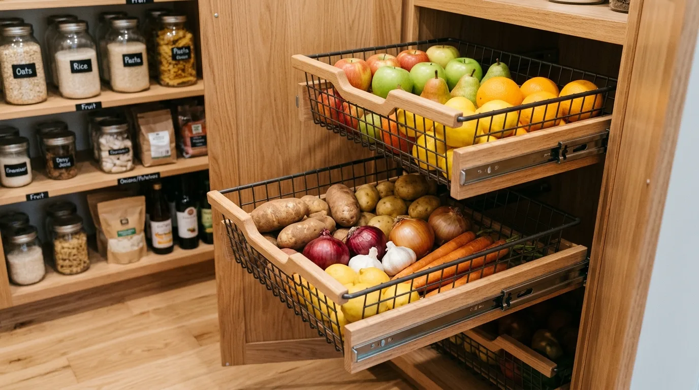 Try pull-out baskets for produce for 11 Clever DIY Pantry Cabinet Ideas to Organize Your Kitchen