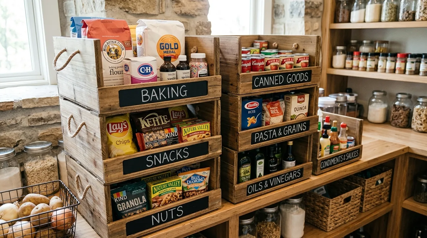 Use stackable bins for clear categories for 11 Clever DIY Pantry Cabinet Ideas to Organize Your Kitchen