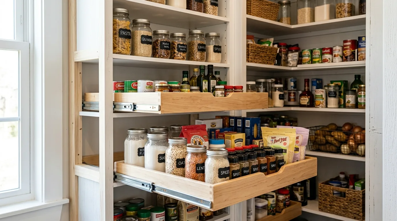 Slide trays into deep corners for 11 Clever DIY Pantry Cabinet Ideas to Organize Your Kitchen