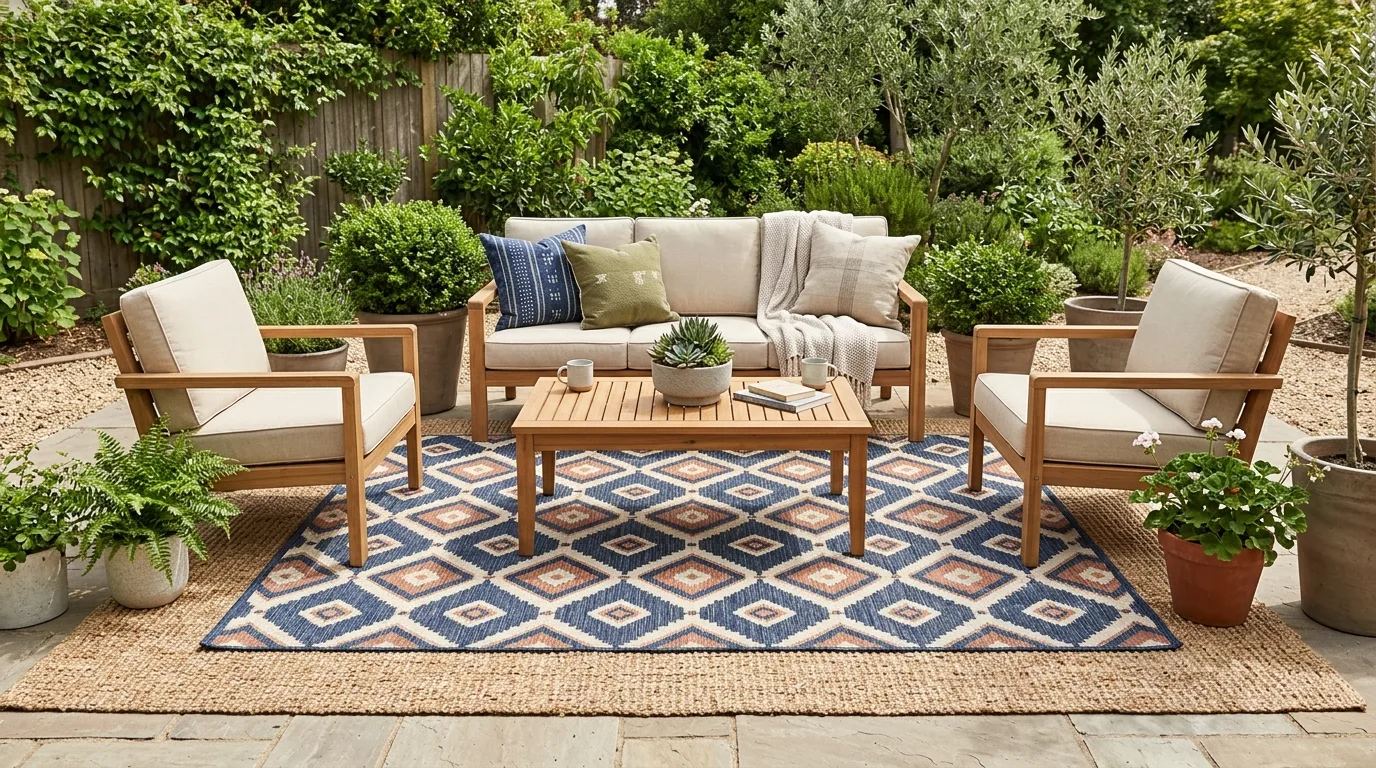 Ground the area with an outdoor rug for 10 Easy DIY Porch Patio Decor Ideas for Instant Curb Appeal