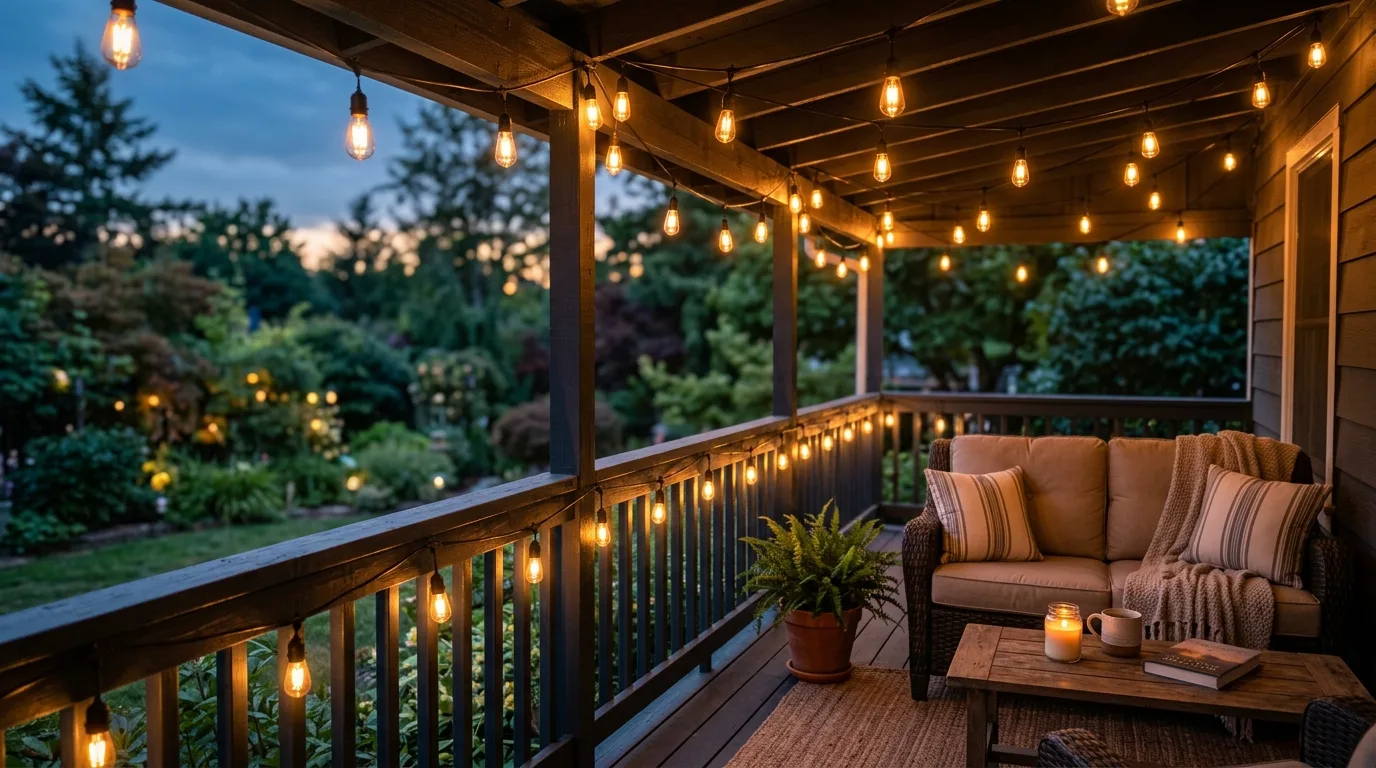 String lights create evening charm for 10 Easy DIY Porch Patio Decor Ideas for Instant Curb Appeal