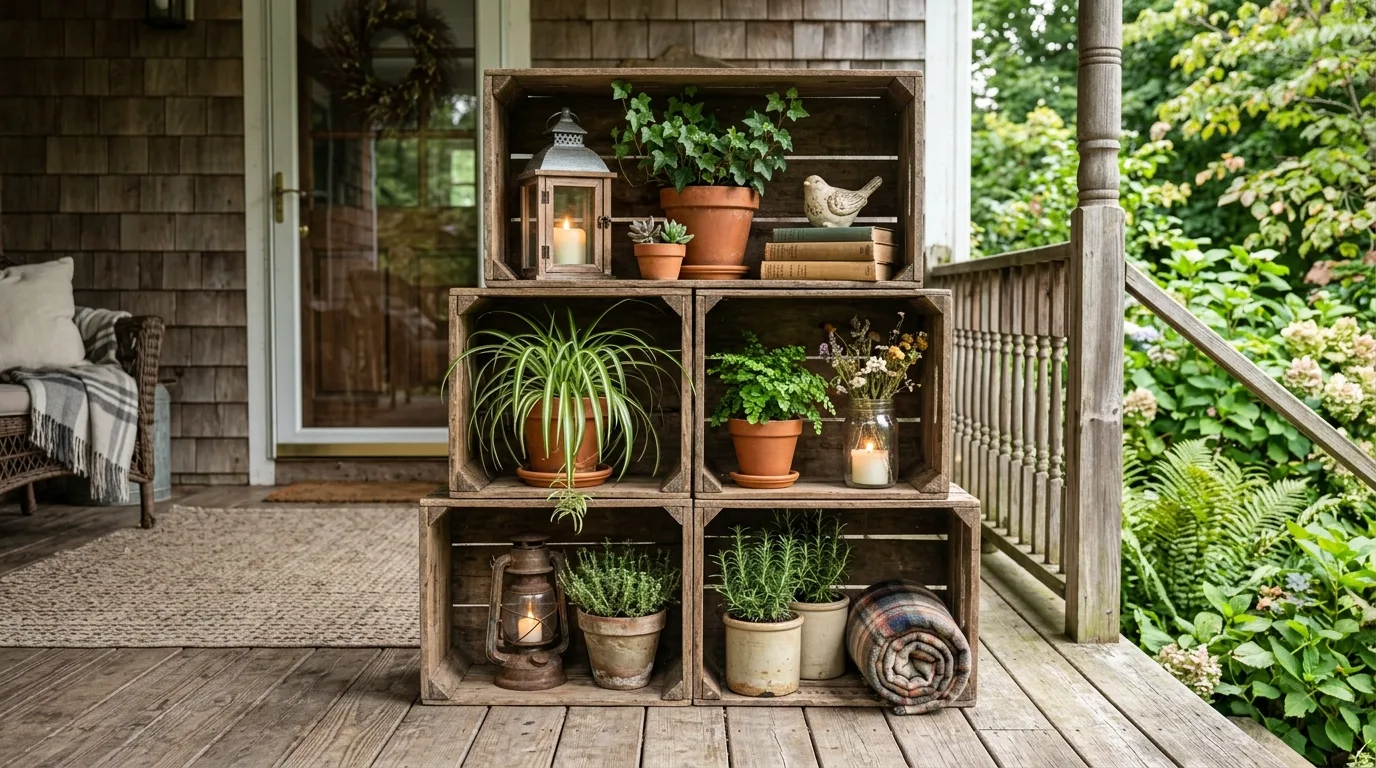 Reuse crates as decor and storage for 10 Easy DIY Porch Patio Decor Ideas for Instant Curb Appeal