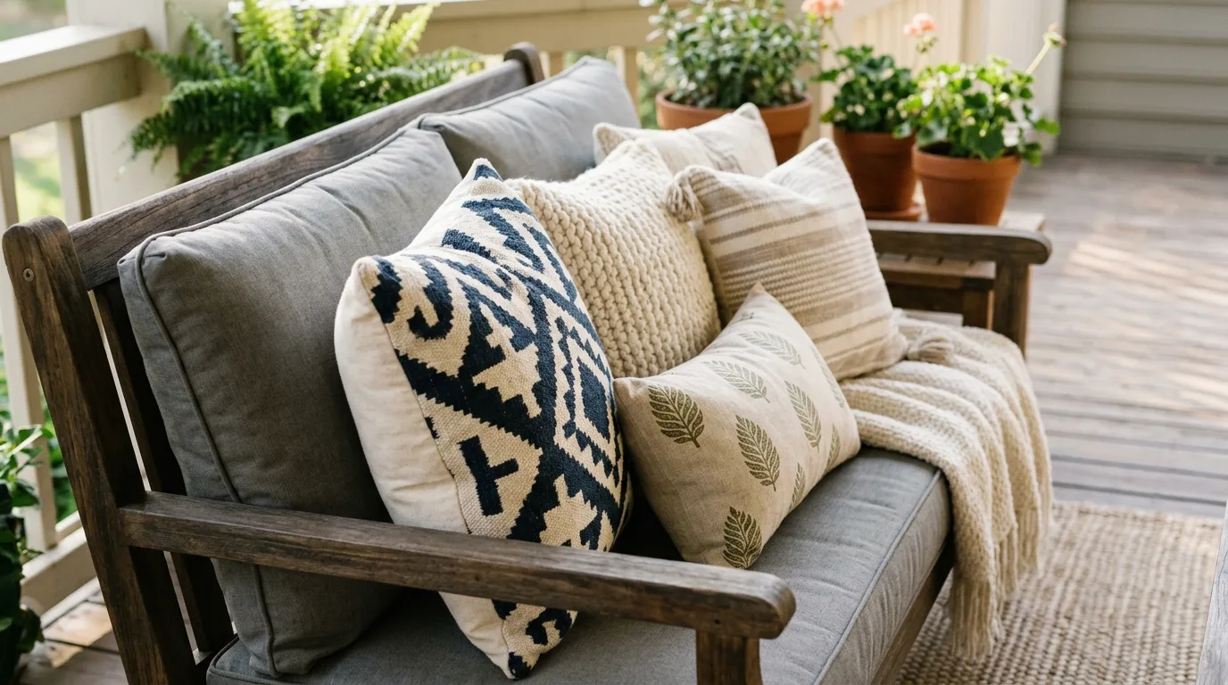 Use pillows to make it feel lived-in for 10 Easy DIY Porch Patio Decor Ideas for Instant Curb Appeal