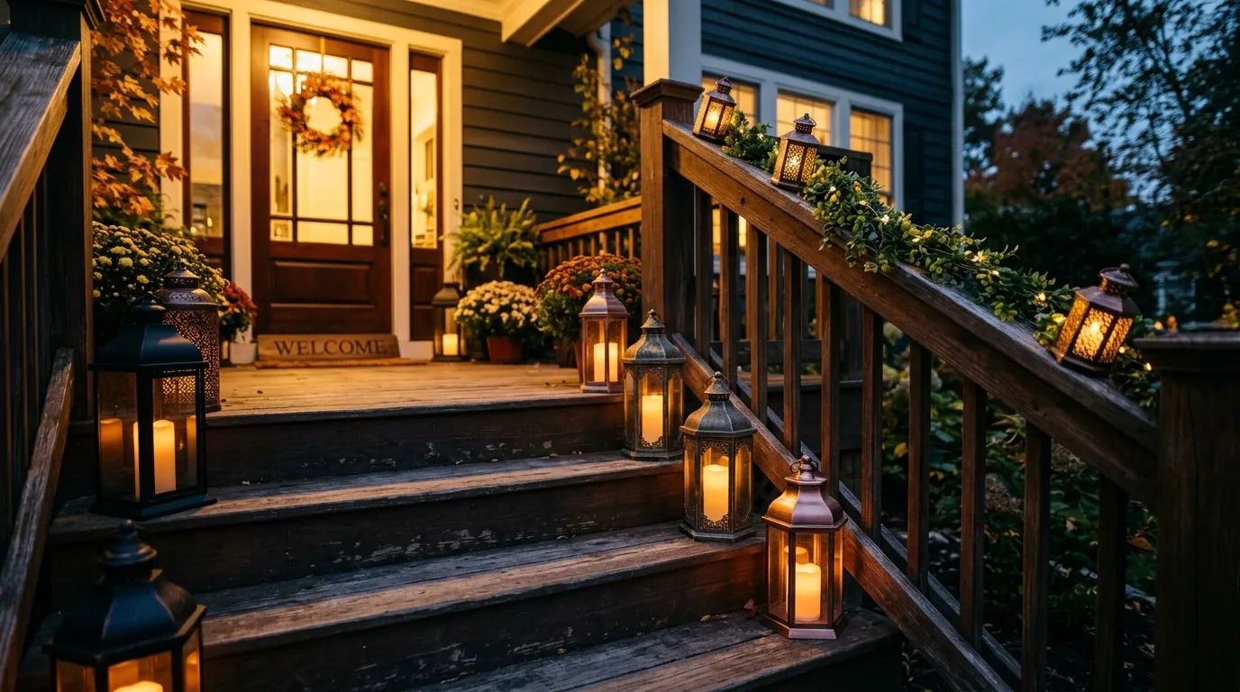 Place lanterns around the steps for 10 Easy DIY Porch Patio Decor Ideas for Instant Curb Appeal