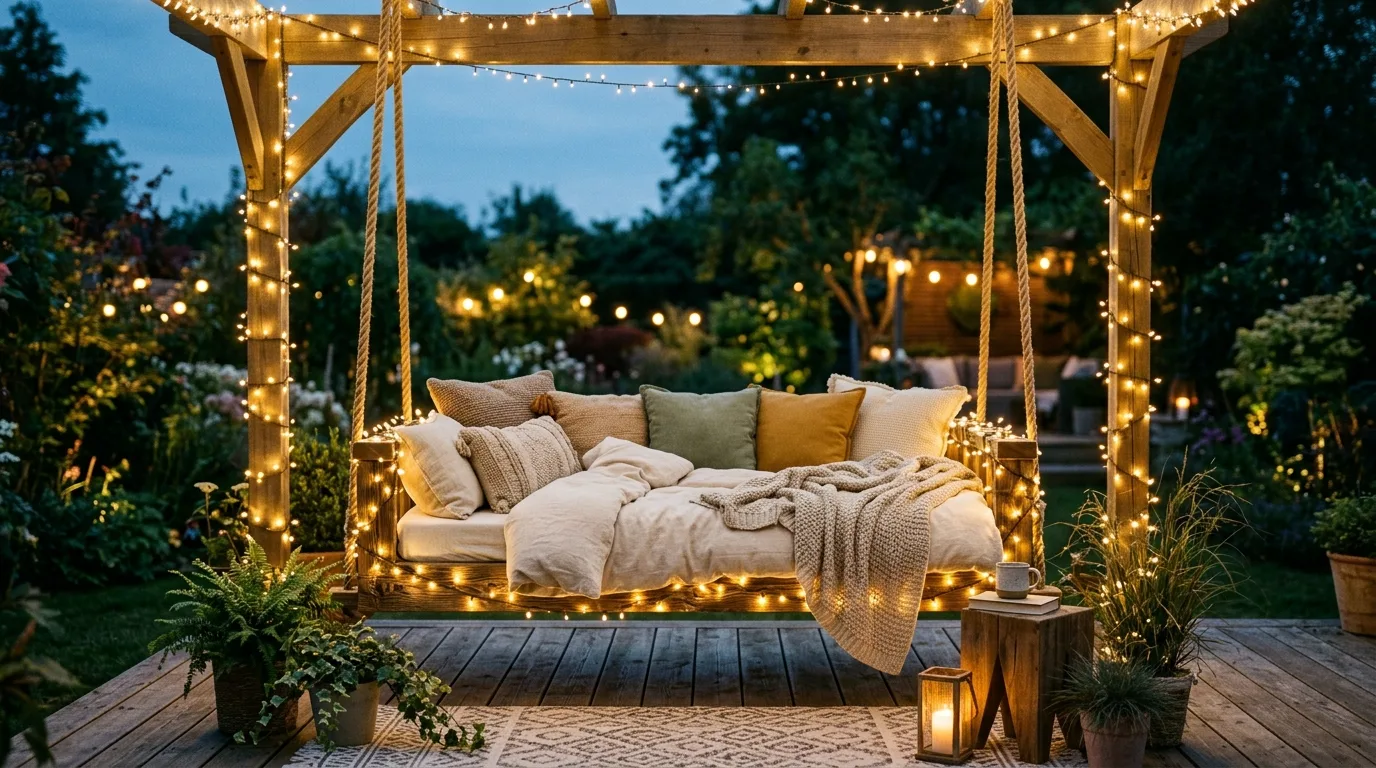 Use fairy lights for evening magic for 11 Dreamy DIY Porch Swing Bed Ideas for Ultimate Relaxation