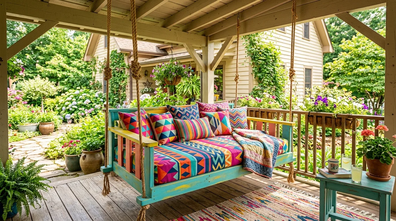Add a canopy for softness and shade for 11 Dreamy DIY Porch Swing Bed Ideas for Ultimate Relaxation