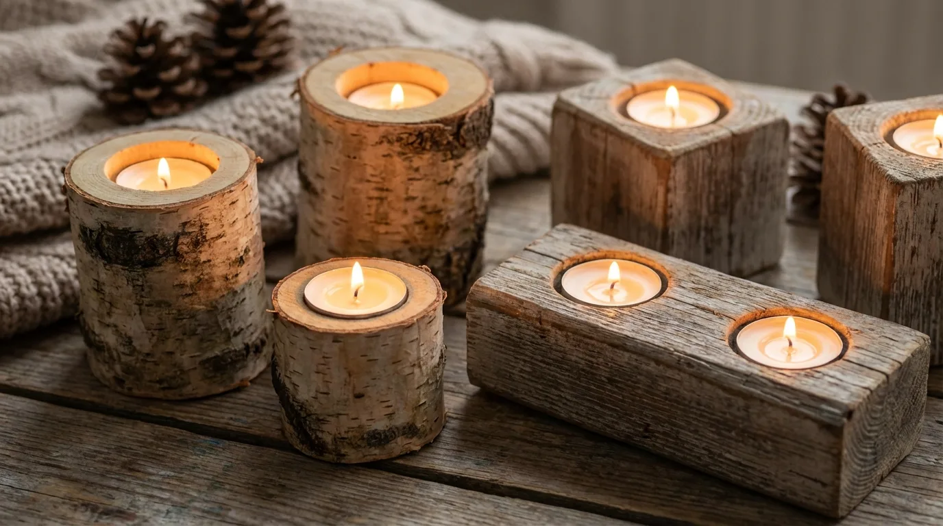 Make candle holders from wood pieces for 12 Charming DIY Rustic Decor Ideas for Farmhouse Style