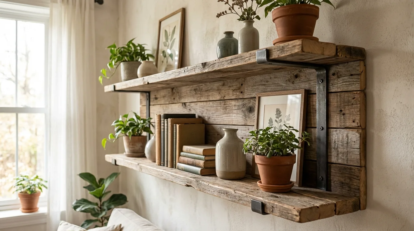 Build one simple shelf from old planks for 12 Charming DIY Rustic Decor Ideas for Farmhouse Style