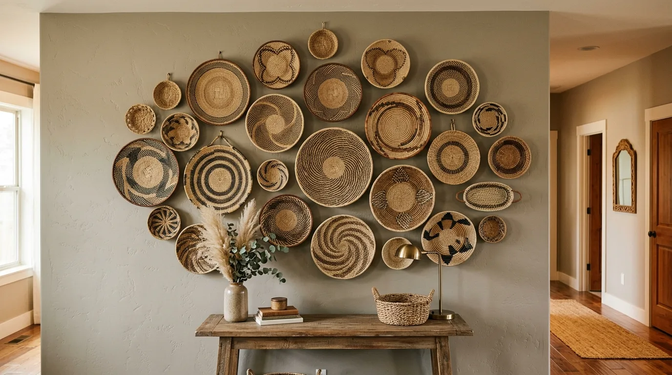 Create a basket wall for 12 Charming DIY Rustic Decor Ideas for Farmhouse Style