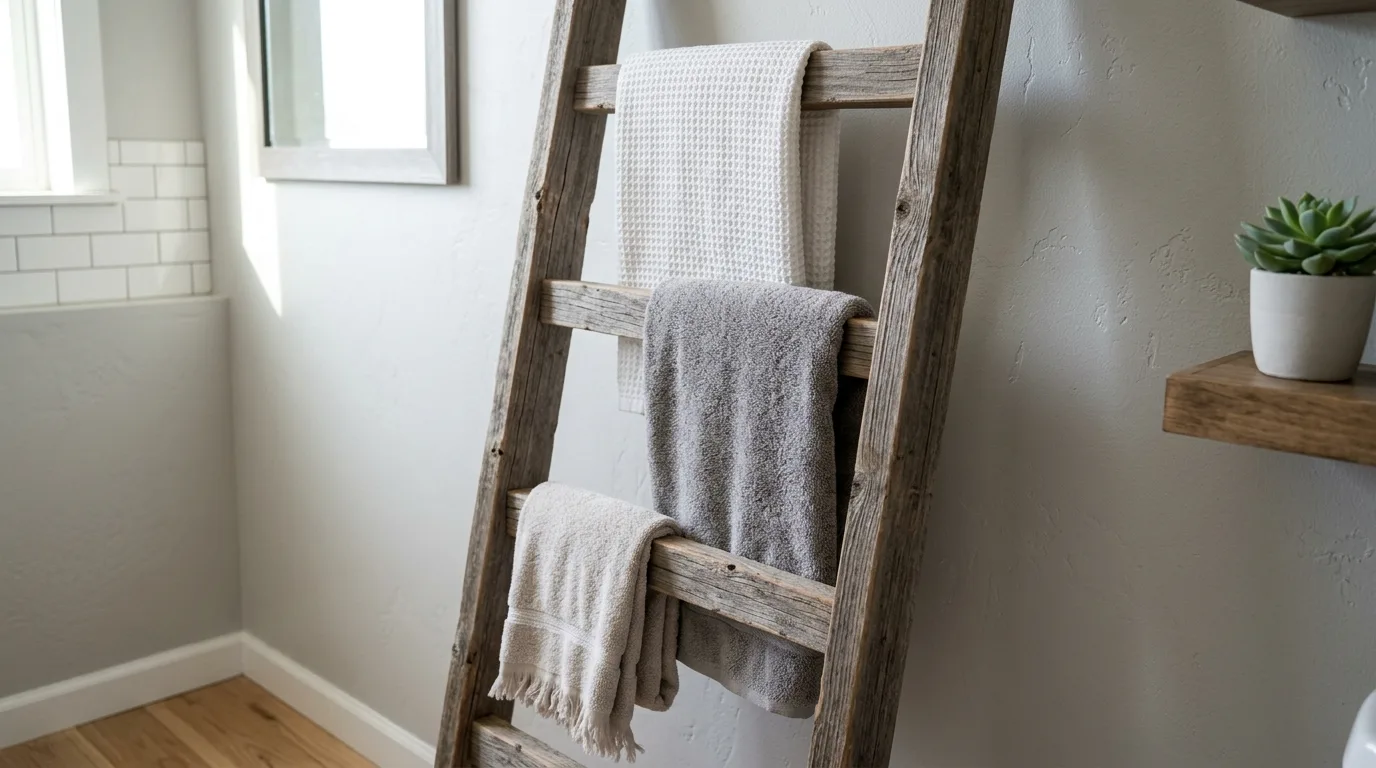 Use a wooden ladder for towels or throws for 12 Charming DIY Rustic Decor Ideas for Farmhouse Style