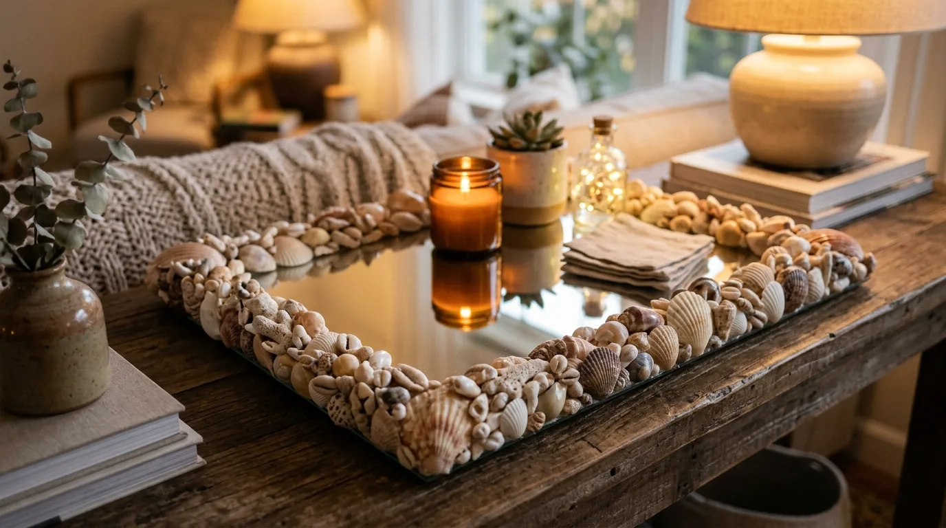 Create a mirror tray with shell edges for 14 Beautiful DIY Shell Projects for Coastal Home Decor