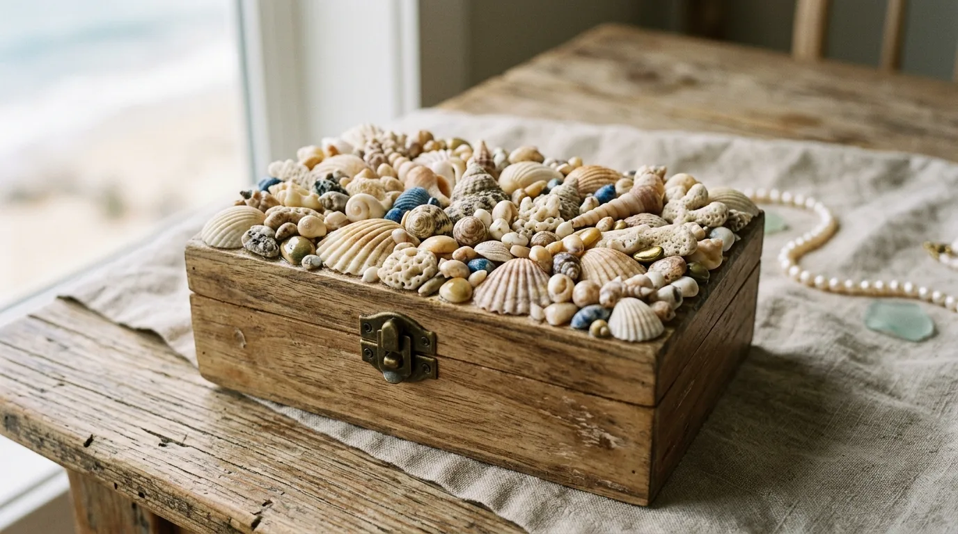 Decorate a jewelry or keepsake box for 14 Beautiful DIY Shell Projects for Coastal Home Decor