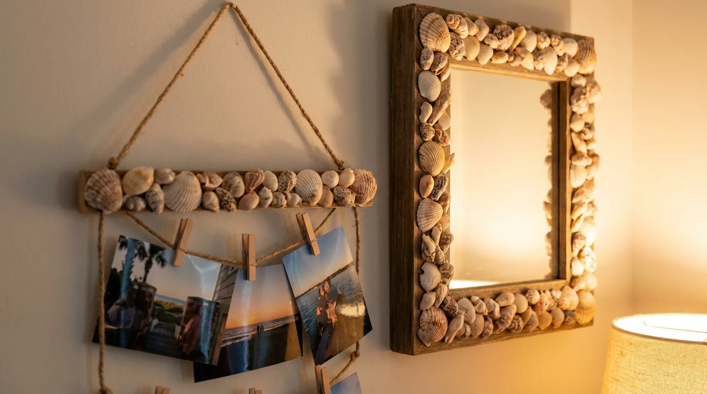 Create a shell-adorned photo hanger for 14 Beautiful DIY Shell Projects for Coastal Home Decor