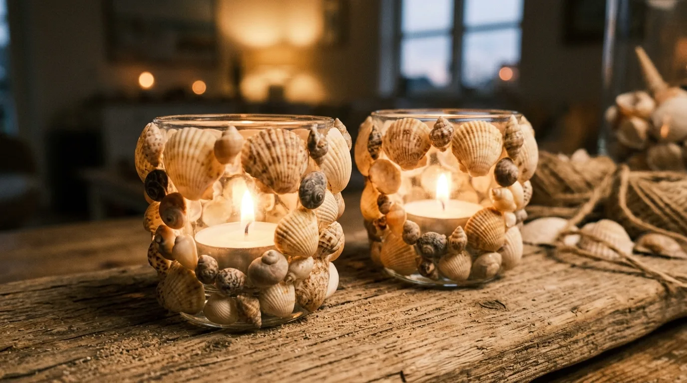 Decorate candle holders for a softer glow for 14 Beautiful DIY Shell Projects for Coastal Home Decor