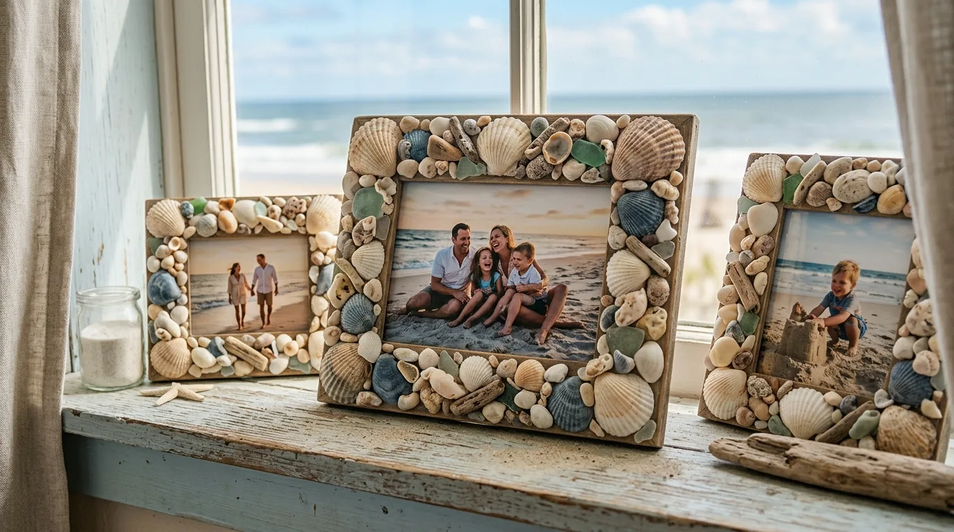 Dress up a photo frame for 14 Beautiful DIY Shell Projects for Coastal Home Decor