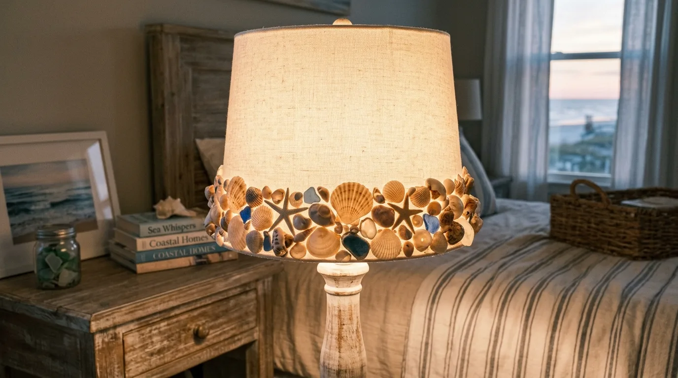 Add shells to a lampshade for texture for 14 Beautiful DIY Shell Projects for Coastal Home Decor