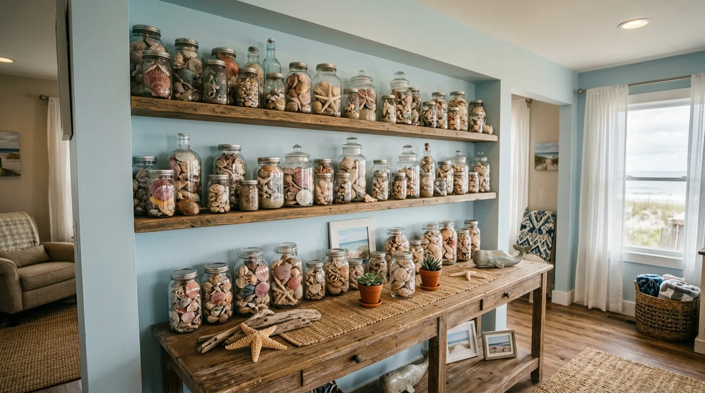 Fill glass jars with collected shells for 14 Beautiful DIY Shell Projects for Coastal Home Decor