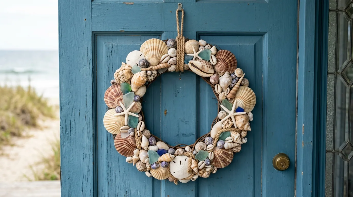 Make a wreath for doors or walls for 14 Beautiful DIY Shell Projects for Coastal Home Decor