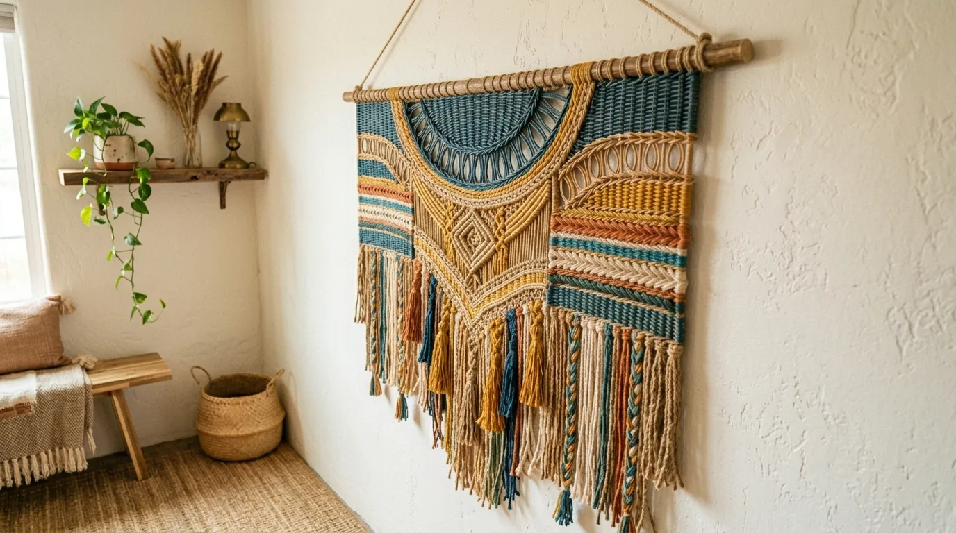 Use wicker for rustic boho texture for 11 Stylish DIY Wall Hanging Ideas for a Boho Touch