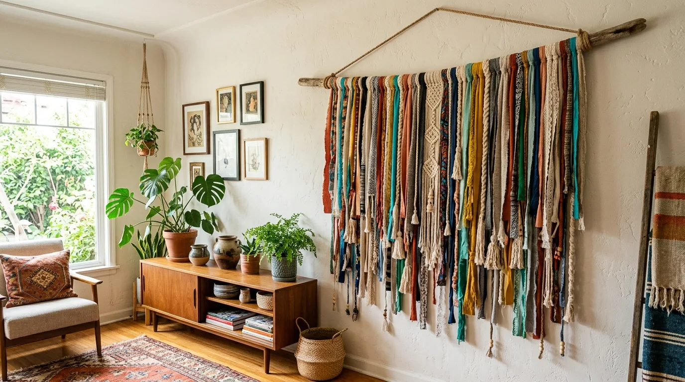 Mix fabrics for an eclectic statement for 11 Stylish DIY Wall Hanging Ideas for a Boho Touch