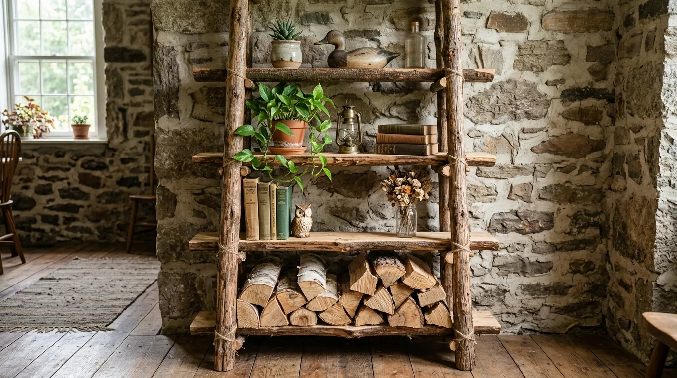 Build ladder-style shelving from logs for 10 Rustic DIY Wood Log Ideas for Cabin and Cottage Decor