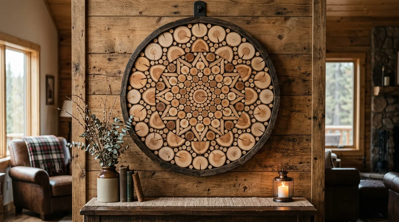 Create wall art from sliced logs for 10 Rustic DIY Wood Log Ideas for Cabin and Cottage Decor