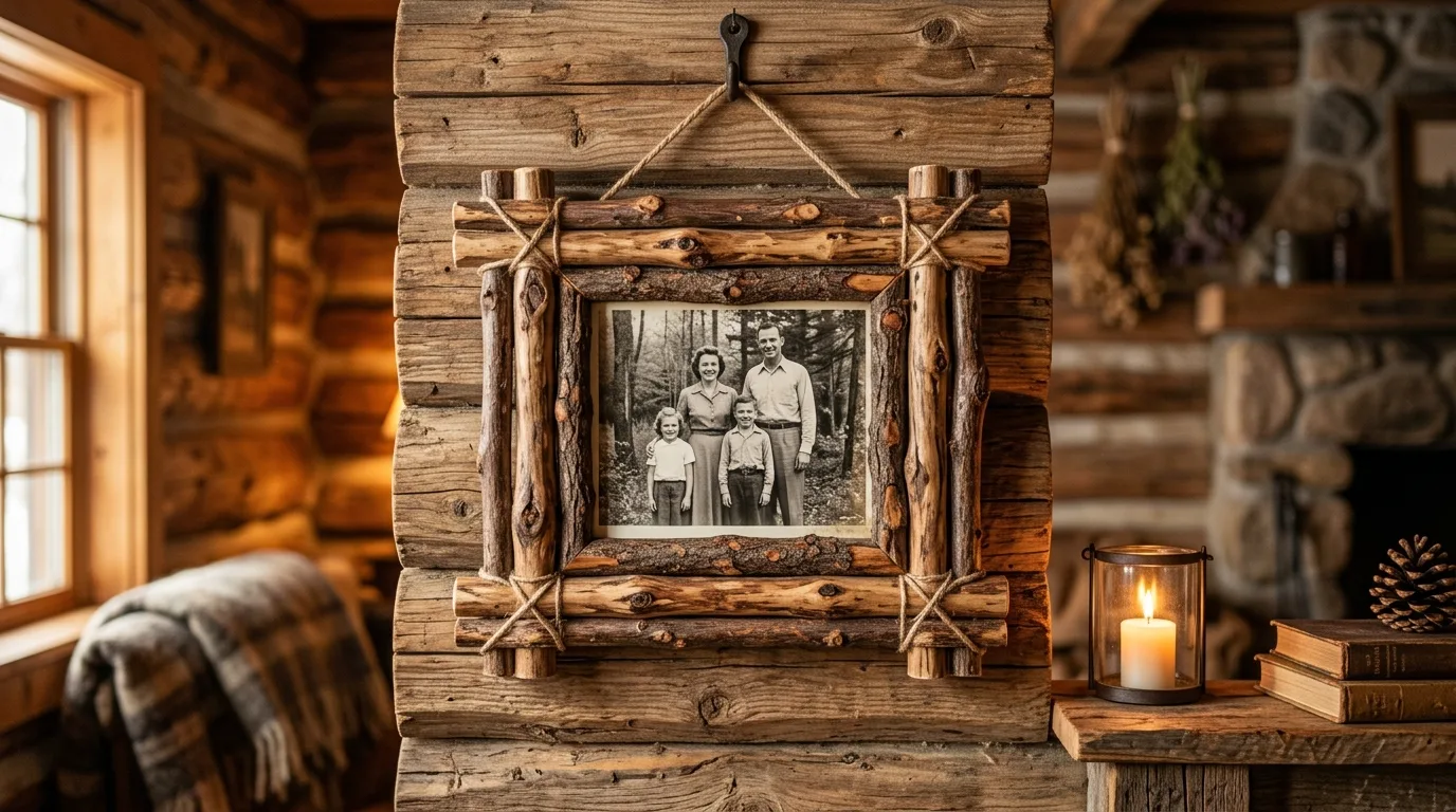 Frame photos with log pieces for 10 Rustic DIY Wood Log Ideas for Cabin and Cottage Decor