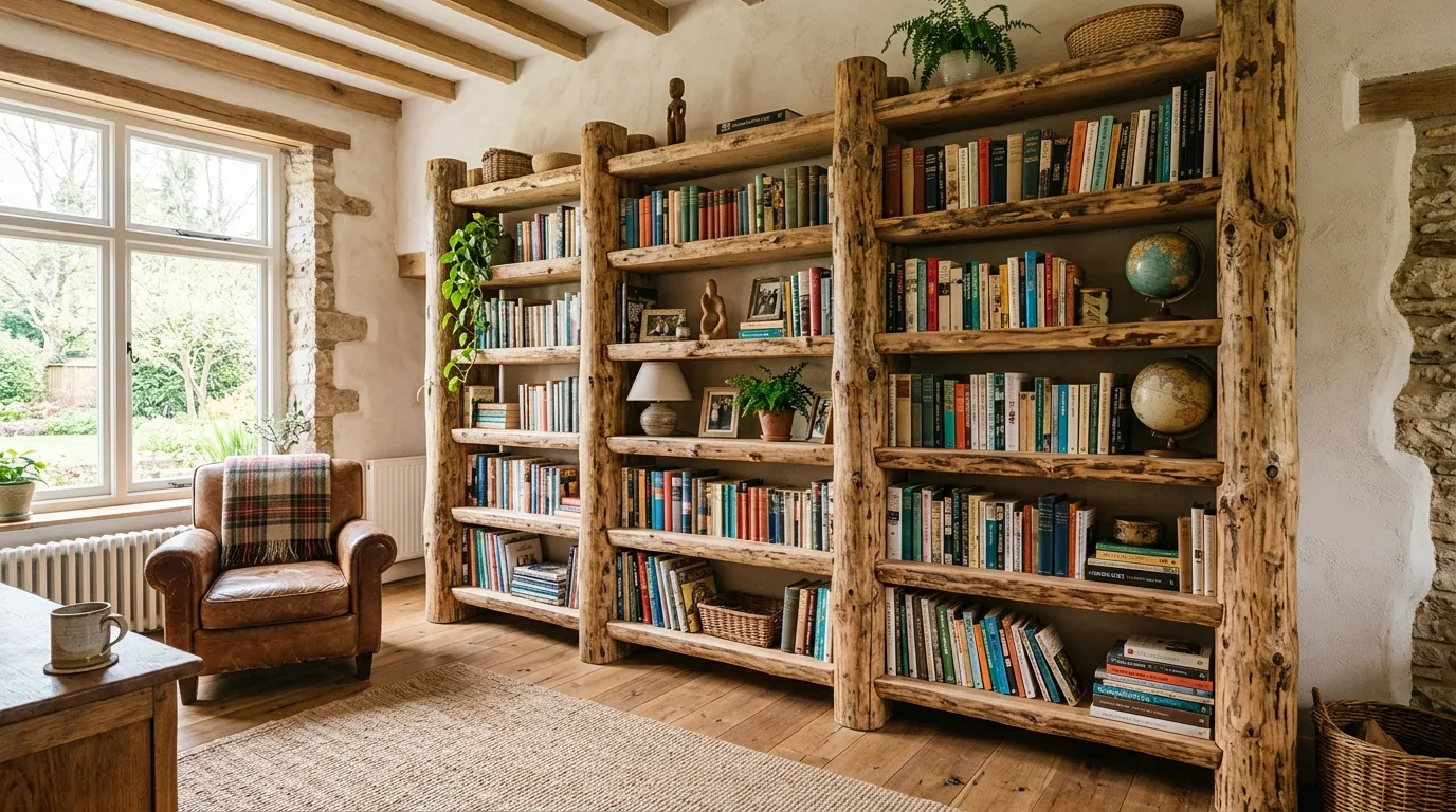 Build a wood log bookshelf for 10 Rustic DIY Wood Log Ideas for Cabin and Cottage Decor