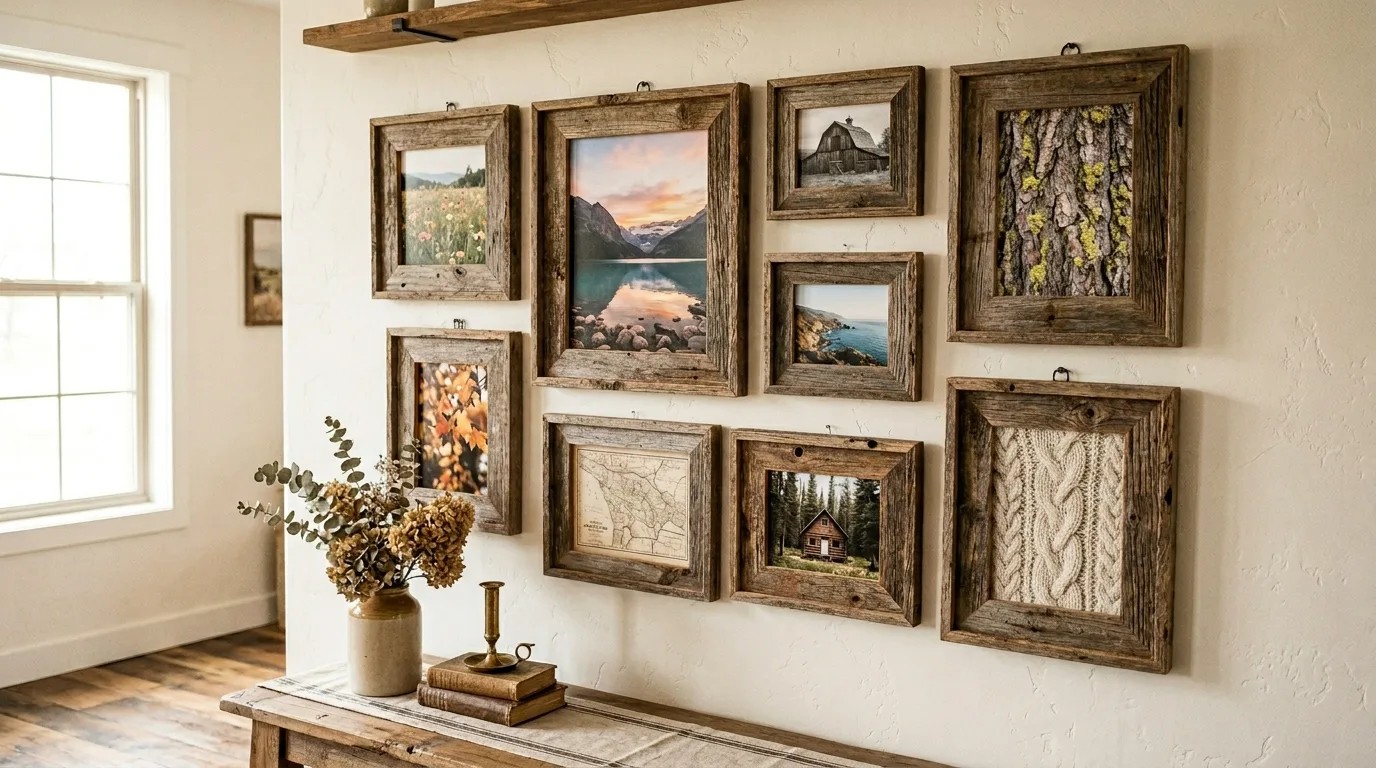 Create handmade picture frames for 10 Easy DIY Rustic Decor Ideas Using Reclaimed Wood
